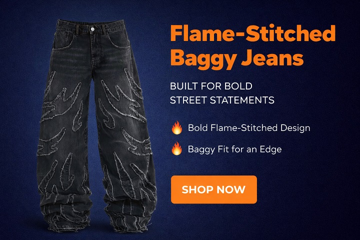 Flame-Stitched Baggy Jeans Built for Bold Street Statements